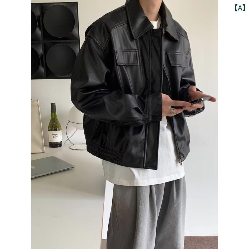 レザージャケット ユニセックス 男女兼用 アメリカンヴィンテージ ライダース風 PUレザー 合成皮革 ショート丈 短丈 ゆったり ルーズフィット 開襟 ジップアップ アウター ブラック グリーン 秋冬 カジュアル ストリートファッション