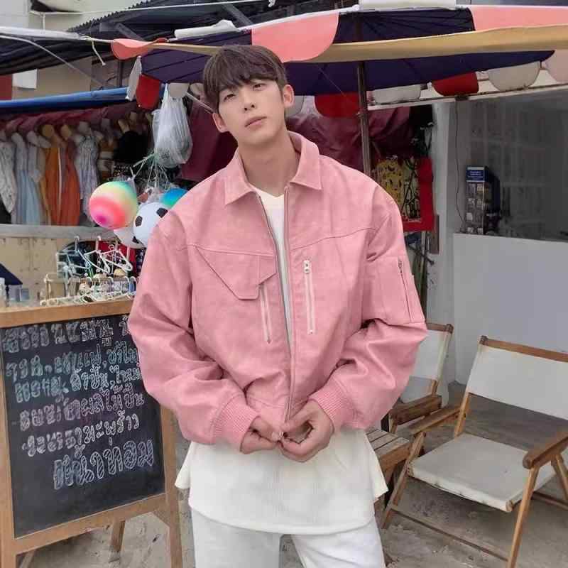 Jumper, Blouson - ジャケット ユニセックス 男女兼用 PUレザー フェイクレザー 合皮 アメリカンレトロ アメカジ ヴィンテージ ユーズド加工 ジップデザイン 防風 耐摩耗 春秋アウター 高級感 ルーズシルエット オーバーサイズ ポリエステル カジュアル グレー ピンク