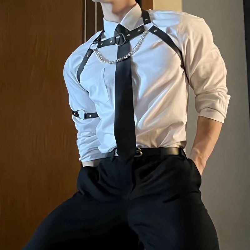 ハーネス メンズ 男性用 パンク ゴシック ロックテイスト ボディストラップ チョーカー ウエストベルト 肩ストラップ 胸ストラップ セクシー 個性的 衣装 コ...