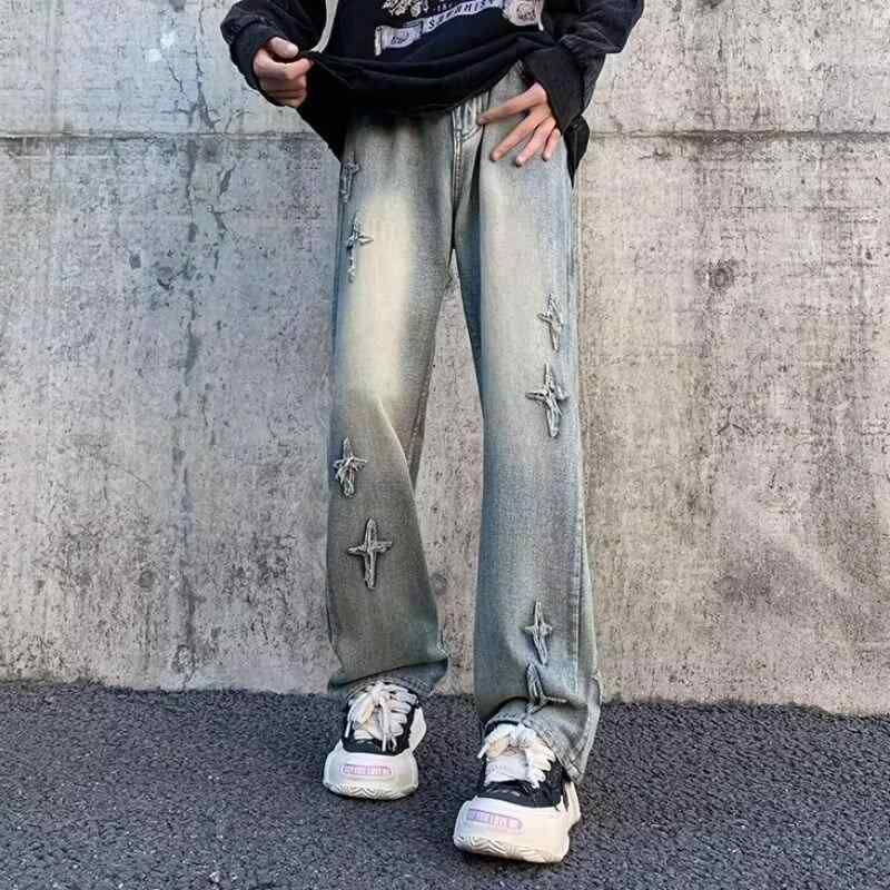 デニムパンツ メンズ 男性用 ジーンズ 十字架刺繍 ストレート ブーツカット フレアパンツ 細見え効果 レトロ ウォッシュ加工 ストレッチ 綿混紡 ポリエステル ブルー 大きいサイズ対応 カジュアル 普段使い ボトムス オールシーズン