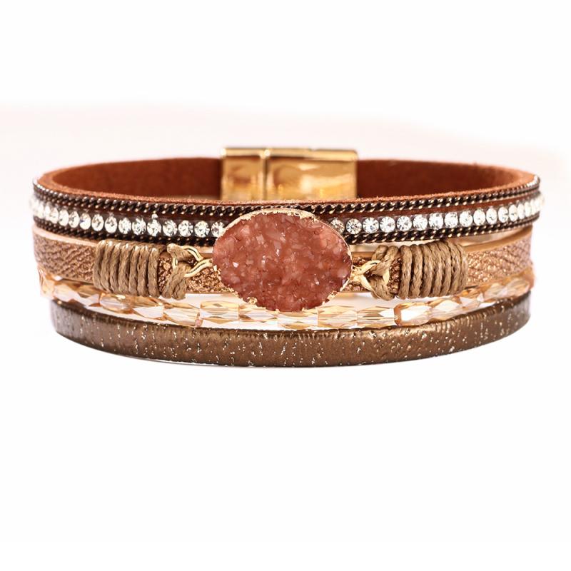 ブレスレット レディース 女性用 欧米風 ラインストーン装飾 合金製 ボヘミアン エスニック リゾート マグネットクラスプ PUレザー 合成皮革 シンプル カジ...