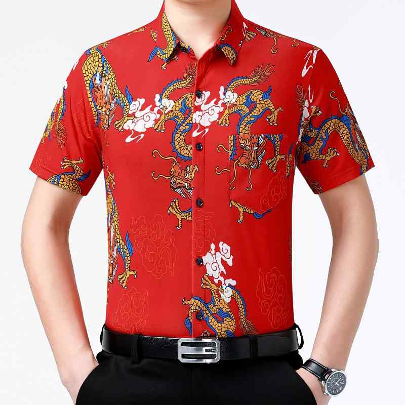 シャツ メンズ ミドルエイジ 半袖 薄手 軽量 夏用 中国風 龍柄 ドラゴンモチーフ シルク調 ポリエステ..
