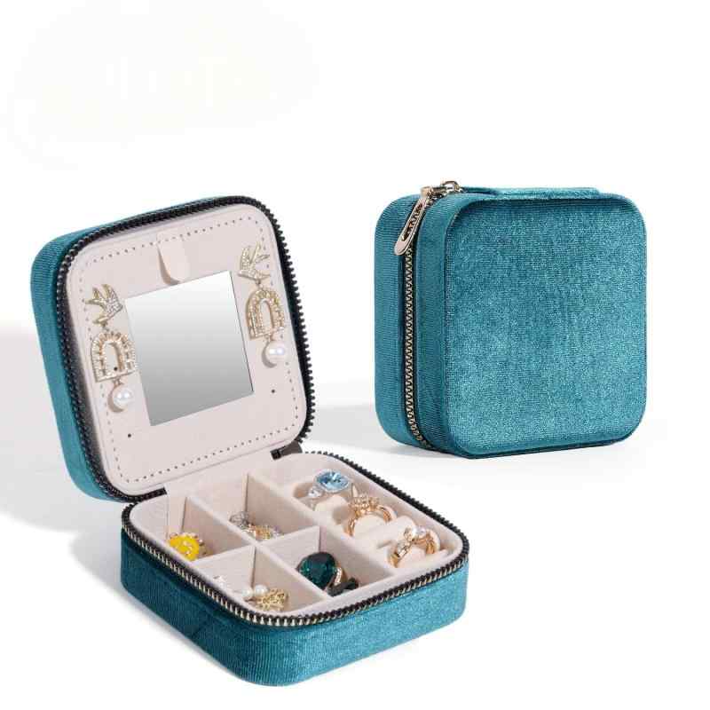 ジュエリーボックス アクセサリーケース 鏡付き 韓国ベルベット 携帯用 旅行用 コンパクト ハードタイプ 収納ケース ファスナー開閉 無地 欧米スタイル 宝石箱