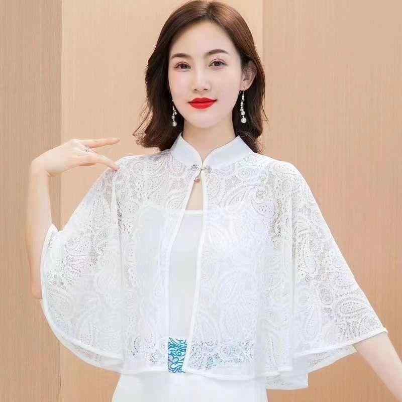 ケープ レディース ショート丈 薄手 羽織り 接触冷感 UVカット 日よけ対策 夏用 高級感 おしゃれ ポンチョ カーディガン ショール トップス ナイロン 透かし編み レース 無地 カジュアル ワンピース ドレス