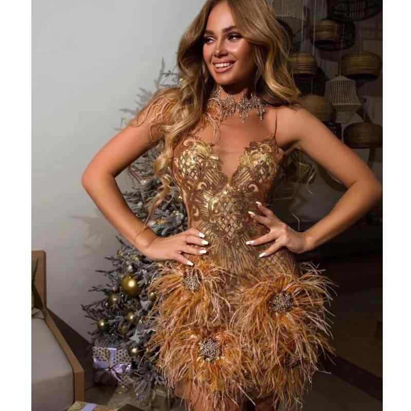 ワンピース レディース Vネック キャミソールドレス スパンコール 刺繍 フェザー 豪華 パーティー フォ..