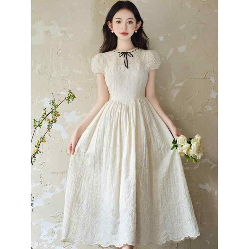ワンピース レディース フレンチ 初恋 スイート お姫様ドレス 宮廷風 レトロ ヴィンテージ 刺繍 ロング丈 半袖 パフスリーブ ラウンドネック ハイウエスト デート リゾート エレガント フェミニン 可憐 ポリエステル