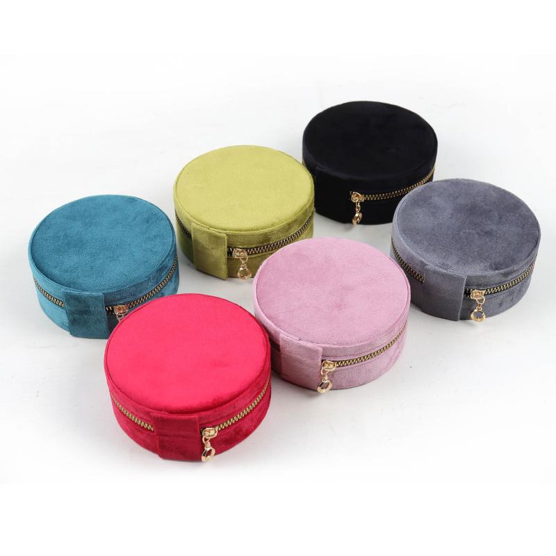 ジュエリーボックス アクセサリーケース 円形 丸型 ベルベット ベロア 内装 指輪 リング 小物 収納 整理 ファスナー開閉 旅行 携帯 持ち運び ピンク ブラ...