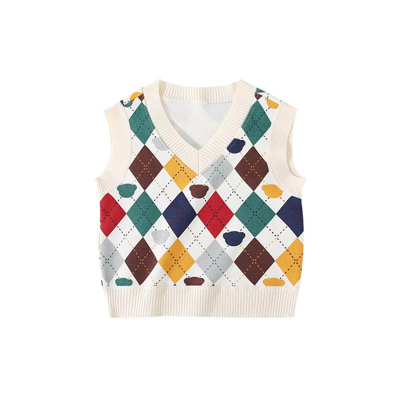 ニットベスト キッズ 男の子 女の子 Vネック チェック柄 クマ柄 アイボリー 男女兼用 綿混素材 柔らか..