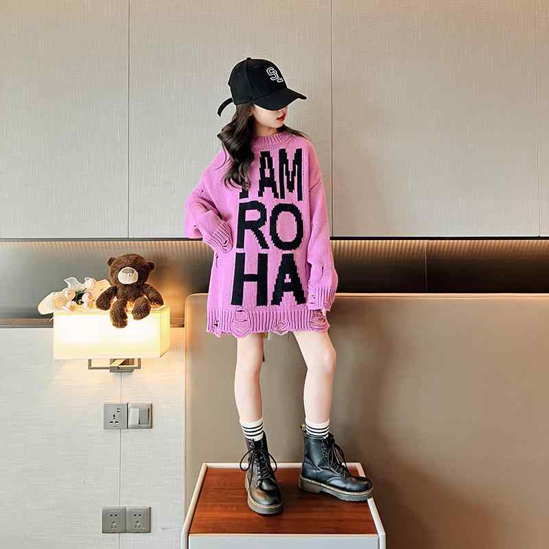 ニット 女の子 キッズ ダメージ セーター プルオーバー ゆったり ルーズ オーバーサイズ アルファベッ..