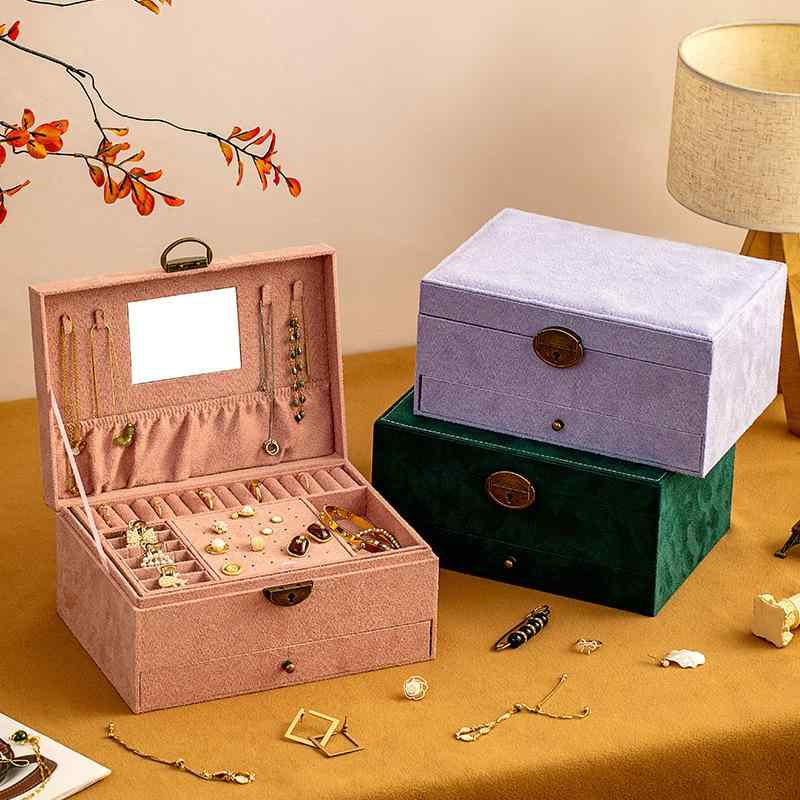 ジュエリーボックス レディース スエード 木製 3段引き出し 大容量 アクセサリー収納 宝飾品ケース ピアス ネックレス ブレスレット 欧米風 純色 ダークグリ...