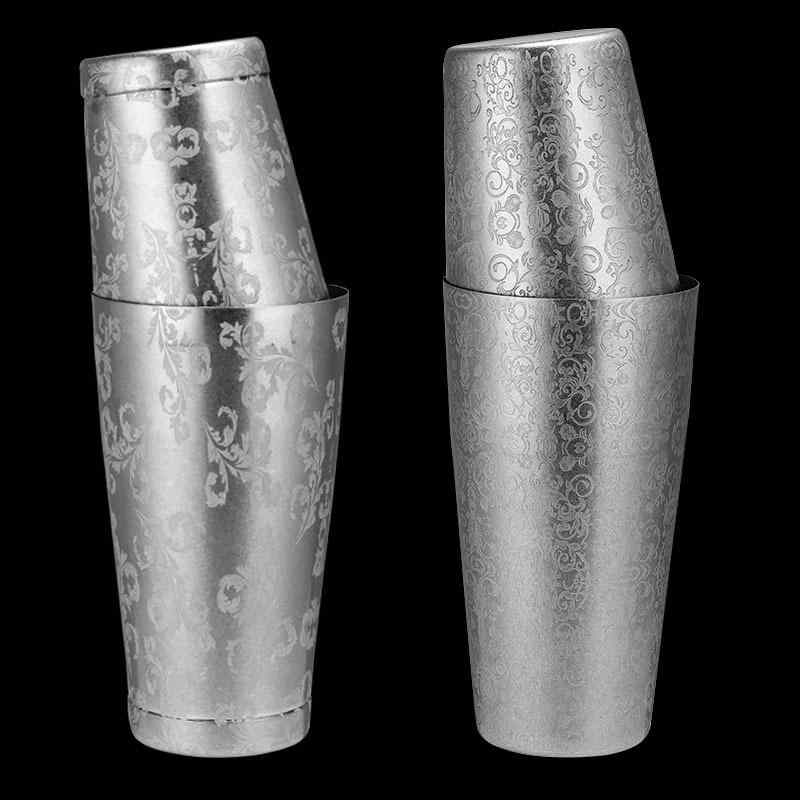 カクテルシェイカー ボストンタイプ 304ステンレス製 エッチング加工 刻印模様 リーフ スカル エルフ ..