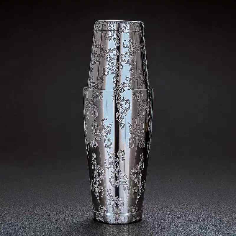 カクテルシェイカー ステンレス304 ボストン型 ラベンダー エッチングデザイン 彫刻 鏡面仕上げ 名入れ..