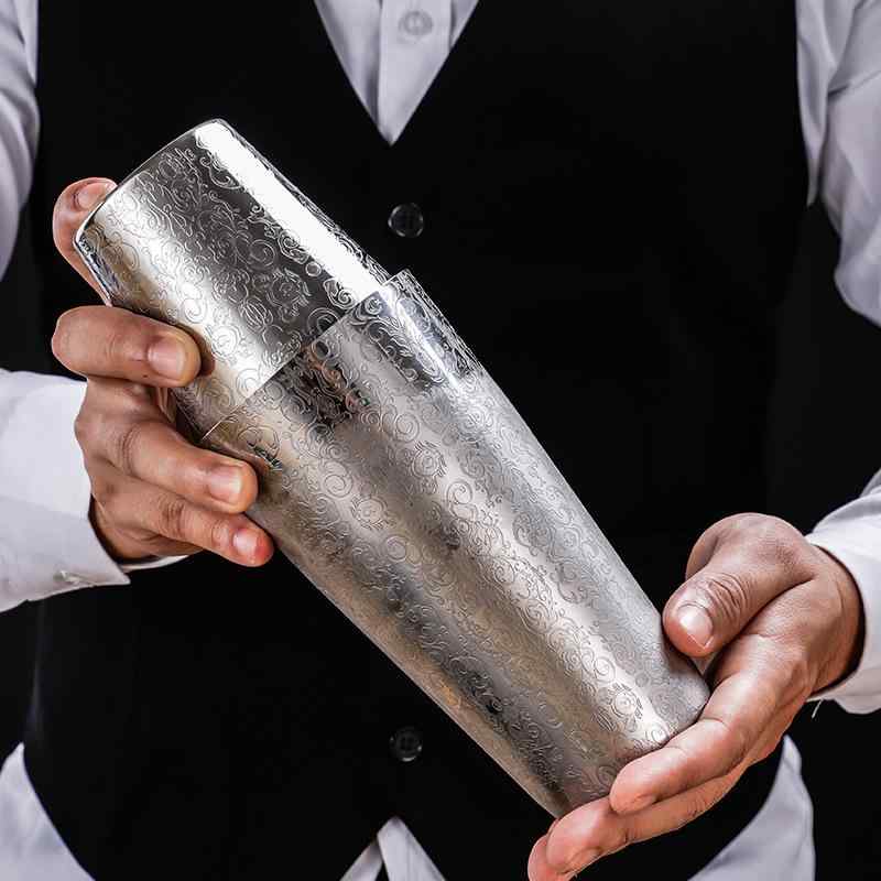 シェイカー ボストンシェイカー カクテル用 304ステンレス製 鏡面仕上げ エッチング彫刻 花柄 クラウン..
