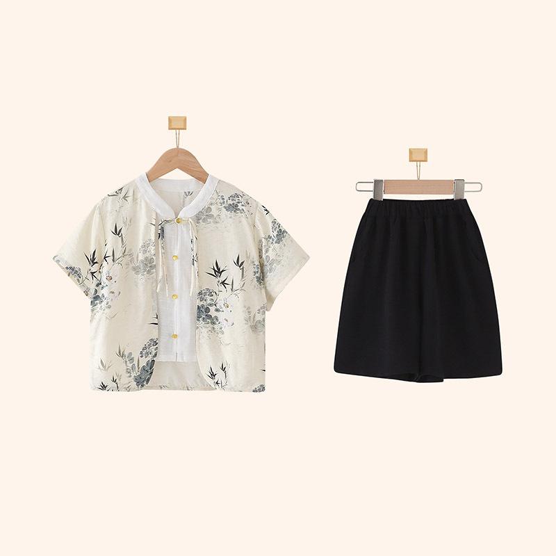 キッズ 男の子 男児 ベビー 夏用 半袖 綿混 柔らかい 肌触り 中国風 漢服風 唐装 水墨画 墨絵 花柄 上下セット 2点セット 快適 通気性 かわいい 普段着 イベント コスチューム