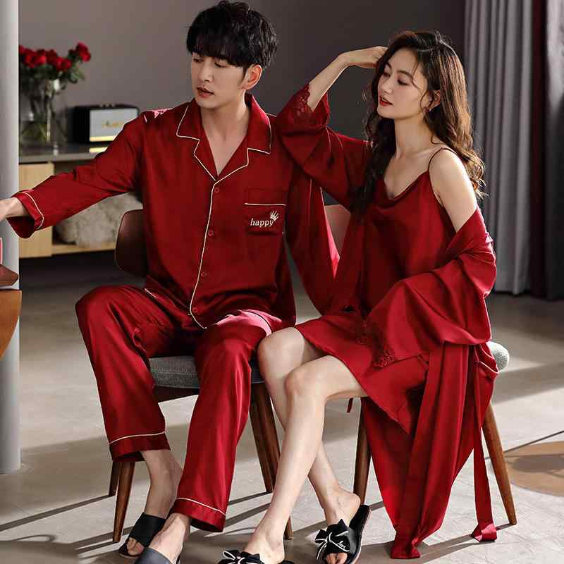 パジャマ ペア レディース メンズ 夏用 ルームウェア 部屋着 寝巻き 結婚式 ウェディング サテン調 接触冷感 高級感 ゆったり 長袖 長ズボン 襟付き ポリエステル 薄手 快適 通気性 レッド 赤