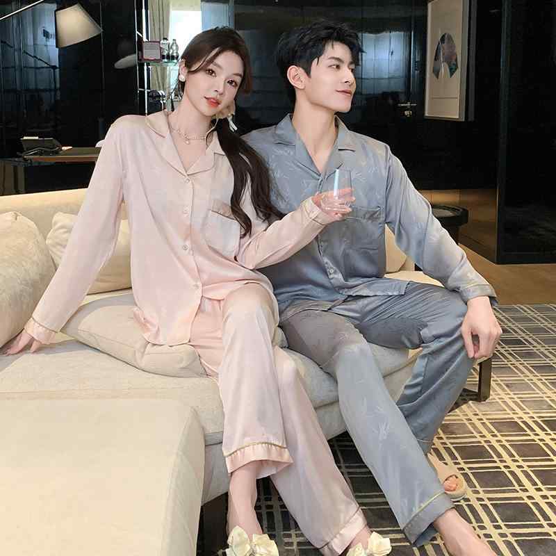 パジャマ メンズ レディース カップル 男女兼用 ルームウェア 長袖 ロングパンツ 上下セット 接触冷感 薄手 アセテート ポリエステルのサテン生地 シルク調 襟付き 吸湿速乾 快適 部屋着 春 夏 秋 リラックスウェア グレー ピンク ベージュ