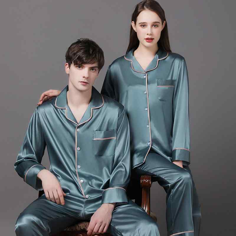 パジャマ カップル ペア ルームウェア 上下セット 長袖 ロングパンツ 接触冷感 シルク調 サテン生地 ポリエステル 薄手 テーラードカラー ゆったりサイズ 大きいサイズ 部屋着 寝巻き 快適 通気性 高級感 春夏秋