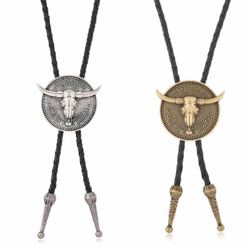 ボロタイ 男女兼用 ブルヘッド 合金 ペンダント ループタイ PUレザー 革紐 レトロ アンティーク カウボーイ アメカジ 欧米スタイル ヴィンテージテイスト シャツスタイル 古銀色 古銅色