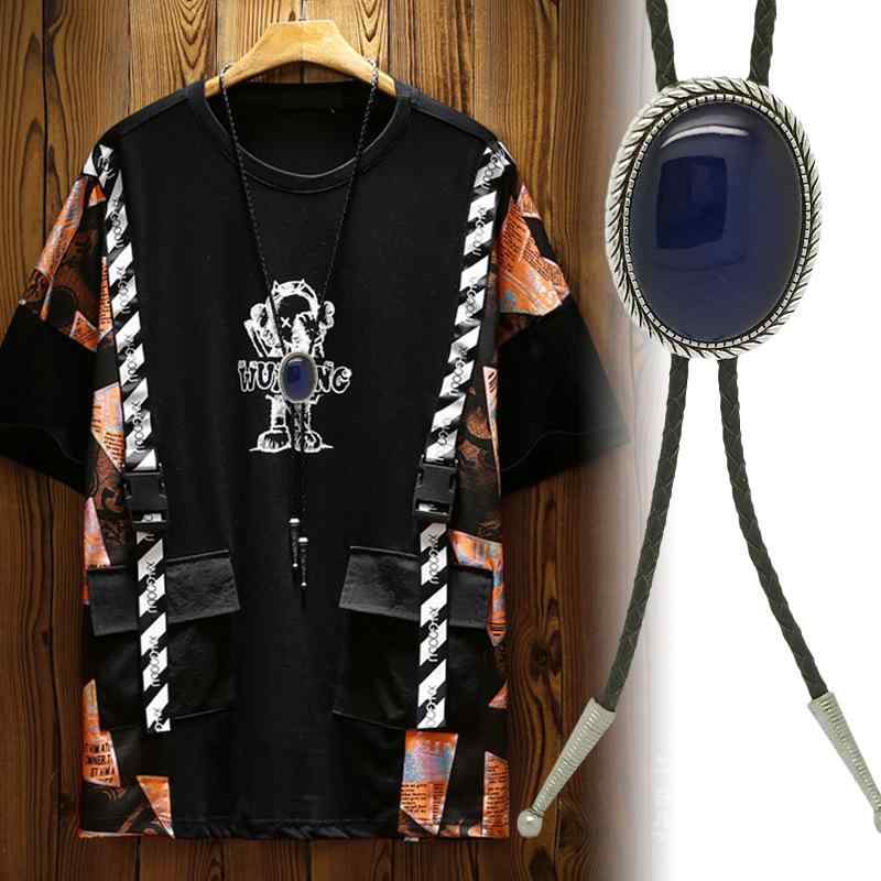 ボロタイ メンズ 男性用 ロングタイプ キャッツアイ 幾何学 楕円 レザー 革 メッキ加工 光沢 カジュアル フォーマル ビジネス 普段使い 黒 ダークブルー 紺色 首飾り ネックレス アクセサリー