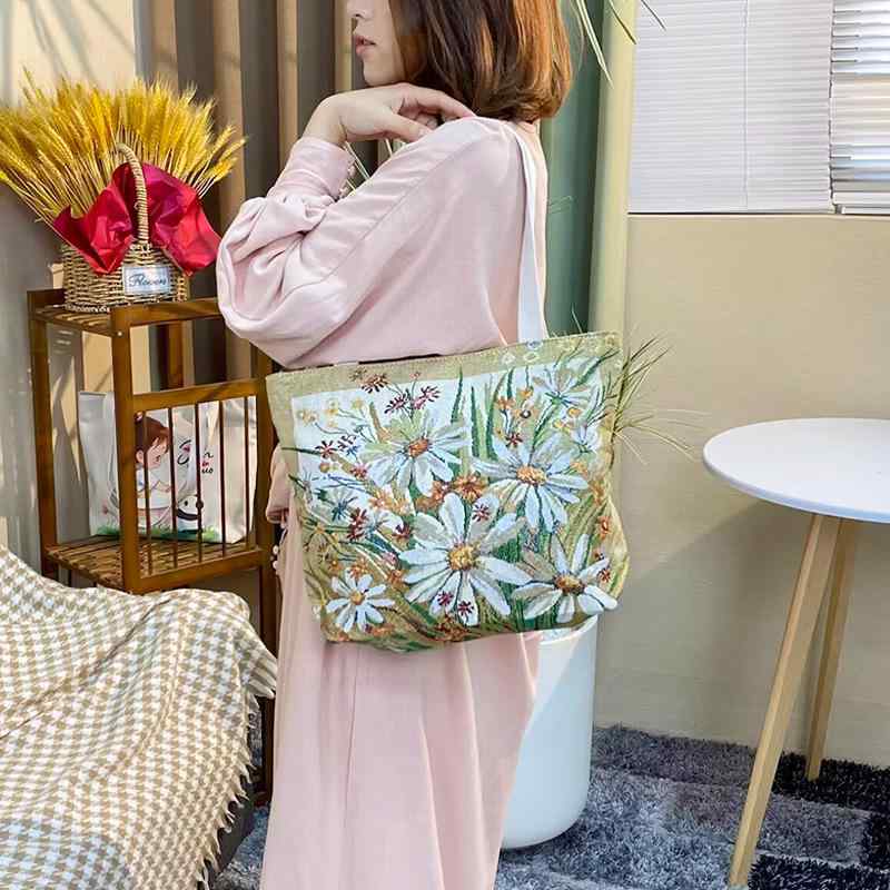 トートバッグ マザーズバッグ 中国風 レトロ アート風 両面 金糸 刺繍 民族風 キャンバス 帆布 大型 肩..