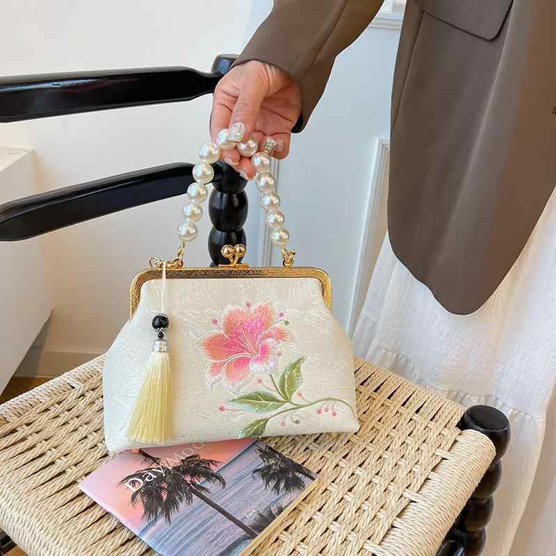 バッグ レディース 民族風 刺繍 ハンドバッグ がま口 ショルダーバッグ 斜め掛け鞄 ミニスクエア ソフト フェミニン スイート ポリエステル ナイロン製 花柄 百合刺繍 普段使い デイリーユース 明るいイエロー ピンク