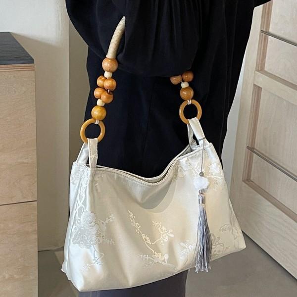 バッグ レディース 新中華風 国風 刺繡 上品 万能 チャイナ風 手提げ 通勤 ショルダーバッグ 肩掛け 布製 横長 スクエア型 マグネット開閉 ファスナーポケット ブルー カーキ アイボリー シルバー