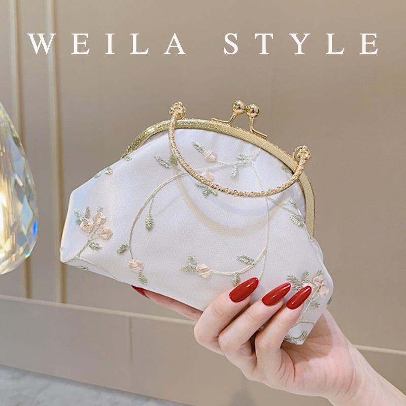 バッグ レディース ミニサイズ レトロ 古風 漢服 チャイナドレス 刺繍 手提げ鞄 肩掛け鞄 斜めがけ鞄 フェミニン ホワイト 花柄 丸型 クラッチバッグ ポリエステル素材 やわらか素材 普段使い