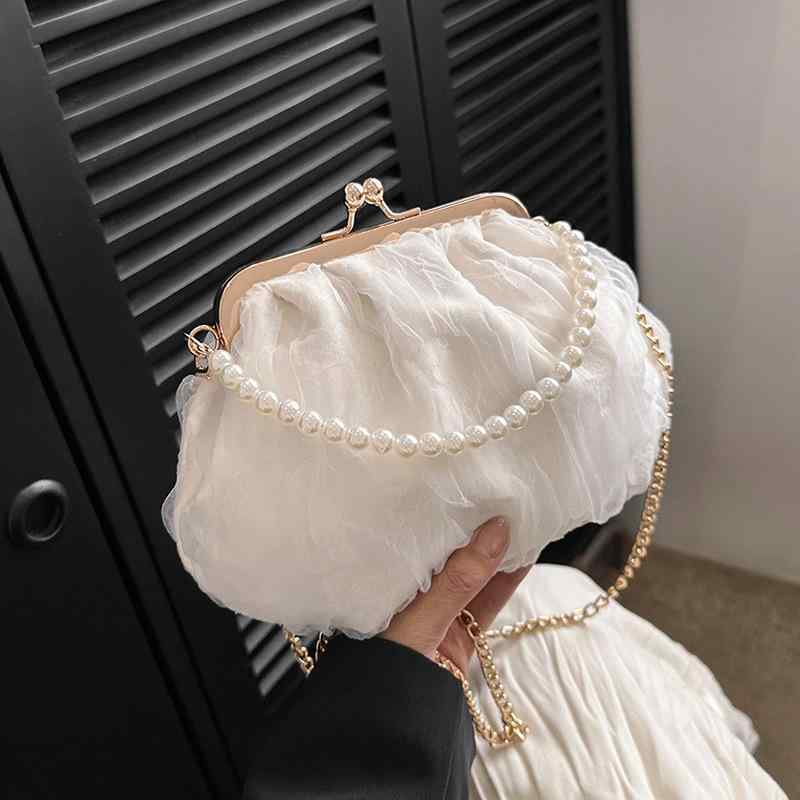 シェルバッグ レディース 女性用 パール チェーン 手提げ 斜め掛け ショルダーバッグ ハンドバッグ 夏 レトロ チャイナ風 オリエンタル ロック金具 小さめ ソフト ナイロン 普段使い デイリーユース ホワイト ピンク ブラック グリーン