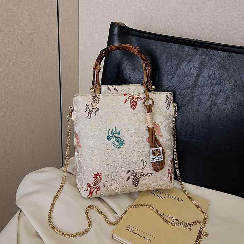 バッグ レディース 新中華風 古風 レトロ 漢服テイスト 竹節ハンドル 手提げ チェーン ショルダーバッグ 斜めがけ 絹 シルク ポリエステル 配色 ツートンカラー 縦型スクエア トート デイリーユース カジュアル