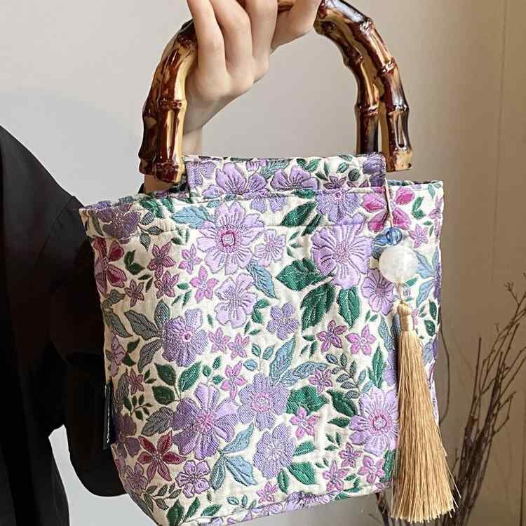 バッグ レディース 新中華風 刺繡 ジャガード 竹節デザイン ハンドバッグ 大容量 手提げ鞄 バケツ型 綿麻素材 ポリエステル裏地 カーキ ベージュ タッセル ステッチ 普段使い お出かけ カジュアルスタイル おしゃれ 肩掛けストラップ