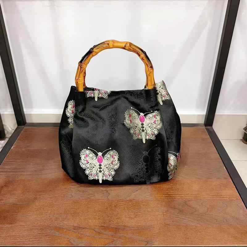 ハンドバッグ レディース モダンチャイナ風 新中華スタイル 竹節 バンブーハンドル ジャカード刺繍 クラシック レトロ 上品 エレガント ハンドメイド ポリエステル ブラック ミニ 普段使い 手提げ鞄