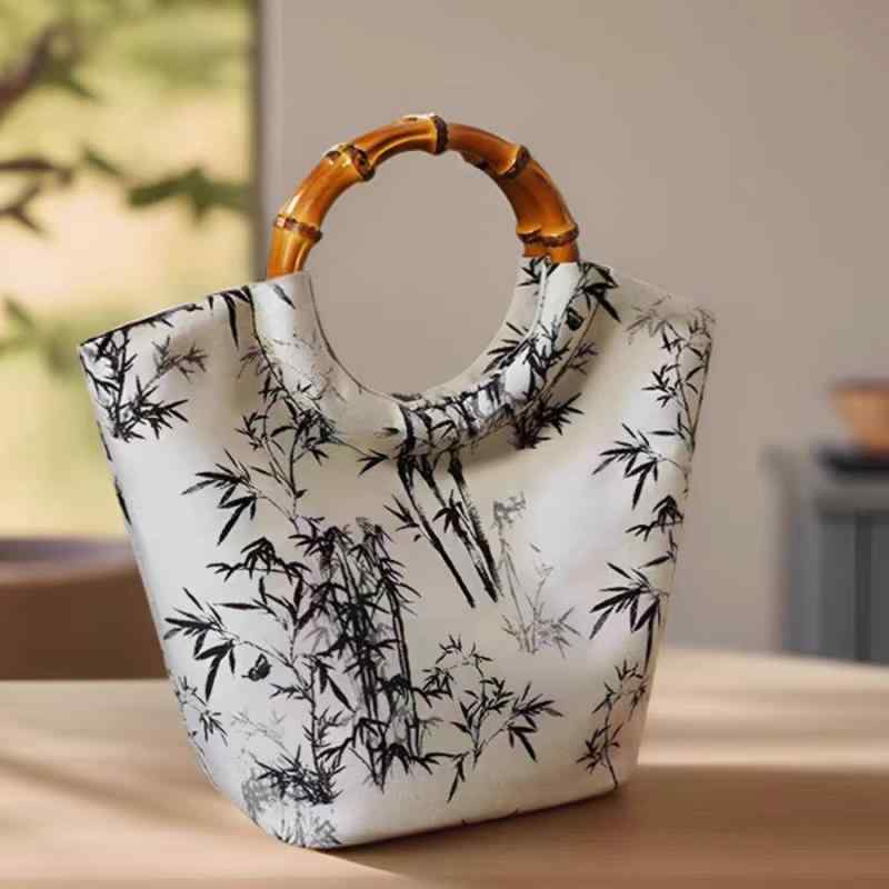 ハンドバッグ レディース 国風 文芸調 竹柄 ジャガード織り 円環ハンドル バケツ型 ミニバッグ 墨絵竹柄 ポリエステル製 布製バッグ 和装 漢服 ネオチャイニーズ カジュアル 普段使い エレガント 柔らかい レトロデザイン