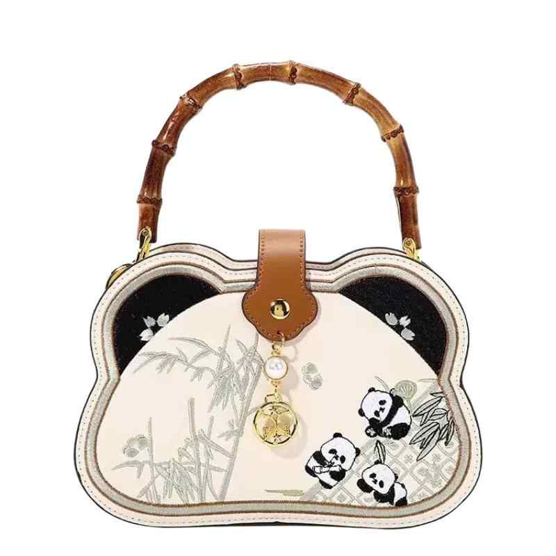 バッグ レディース 新中華風 刺繍 パンダ柄 竹節デザイン コーデュロイ 手提げ 肩掛け ショルダーバッグ 斜めがけ クロスボディ 超大型 ビッグサイズ 普段使い カジュアル 旅行 トラベル ホワイト 白