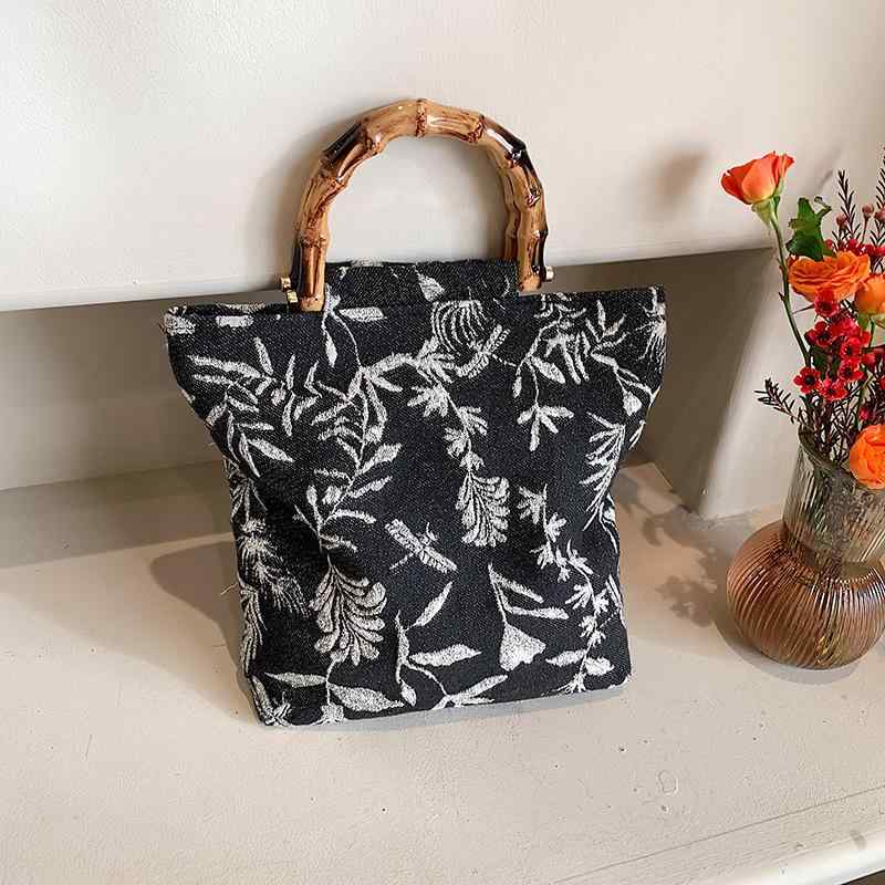 バッグ レディース おしゃれ 綿麻 エコ ジャカード織り 和風 レトロ調 バンブーハンドル ハンドバッグ ミディアムサイズ 縦型 スクエア型 マグネット開閉 ソフト 普段使い デイリーユース 刺繍 ブラック グレー