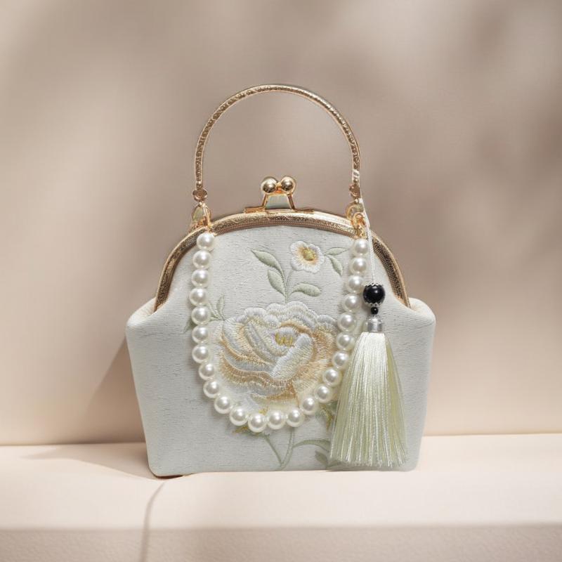 ハンドバッグ ユニセックス 真珠 刺繍 チャイナ風 漢服風 個性的 上品 普段使い シェル型 キャンバス ミニバッグ ロック式 内ポケット付き ホワイト ブルー ピンク
