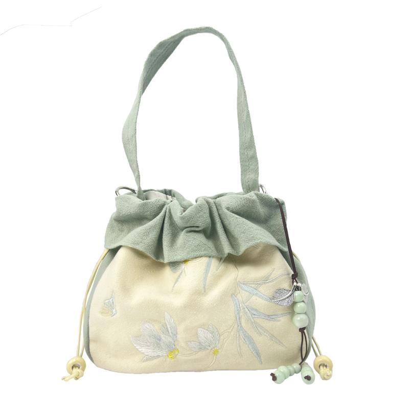 鞄 レディース 刺繡 手作り コットンリネン 光沢サテン 巾着バケットバッグ 花柄 タッセル 和装 民族風 普段使い 大容量 ショルダーバッグ ハンドバッグ 2way