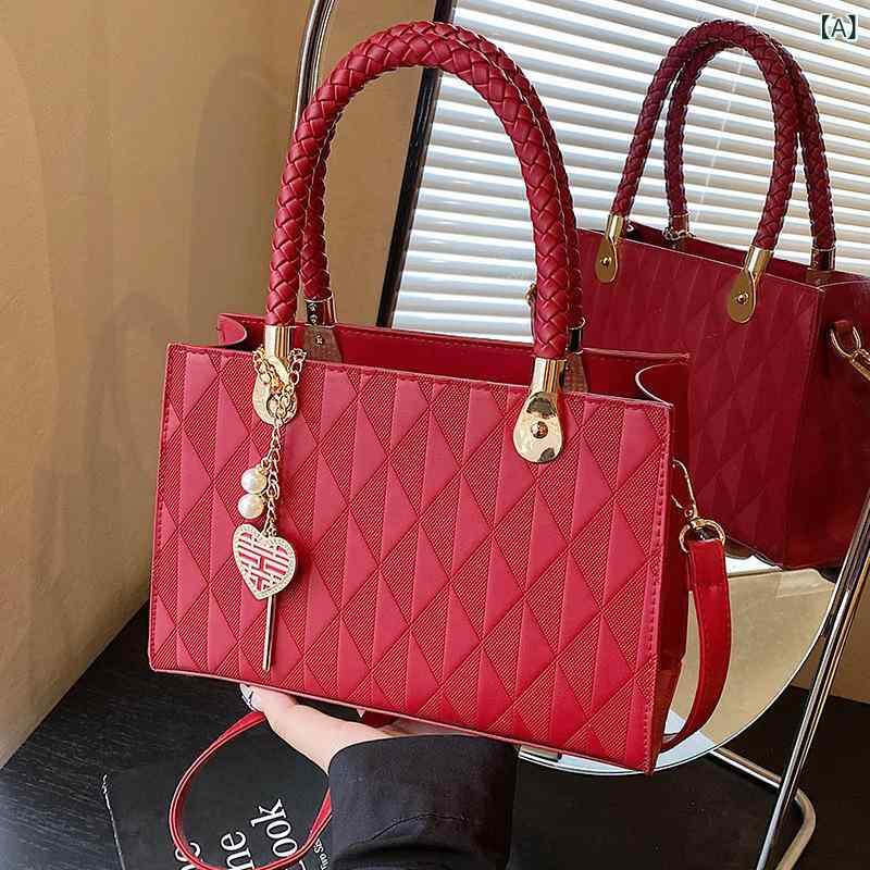 トートバッグ レディース ママ ミセス 女性用 お母さん 大容量 たっぷり収納 中華風 刺繍 オリエンタル エレガント ハンドバッグ ショルダーバッグ 肩掛け 手提げ 合成皮革 フェイクレザー ファスナー開閉 日常使い お出かけ 横型 スクエア レッド