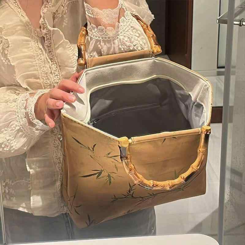 バッグ ユニセックス レトロ クラシック 中華風 漢服 旗袍風 大容量 ハンドバッグ バンブー 竹節 ジャカード織り 普段使い PUレザー 刺繍 帆布裏地