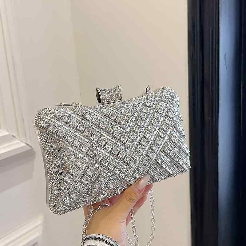 バッグ レディース ラインストーン ビジュー クラッチバッグ ハンドバッグ ショルダーバッグ 鞄 チェーン フォーマル パーティー 結婚式 二次会 お呼ばれ イブニングドレス 斜め掛け ミニ ボックス型 キラキラ ゴールド シルバー