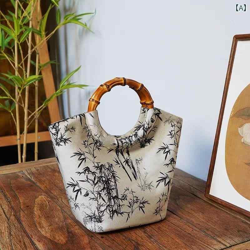 バッグ レディース ミニサイズ EVA素材 新中華風 竹 ジャガード織り バンブーハンドル 円形ハンドル ハンドバッグ 手提げ鞄 墨絵 竹柄 カジュアル エレガント 万能 ファブリック キャンバス裏地 普段使い 日常使い