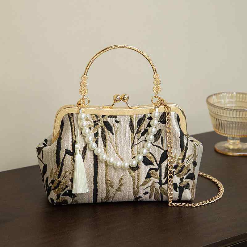 バッグ イブニングパーティー 結婚式 フォーマル がま口 チェーンストラップ ハンドバッグ 旗袍風 横型スクエア ミニ 竹ハンドル 布製 綿麻 高級感 エレガント 上品 裏地ポリエステル