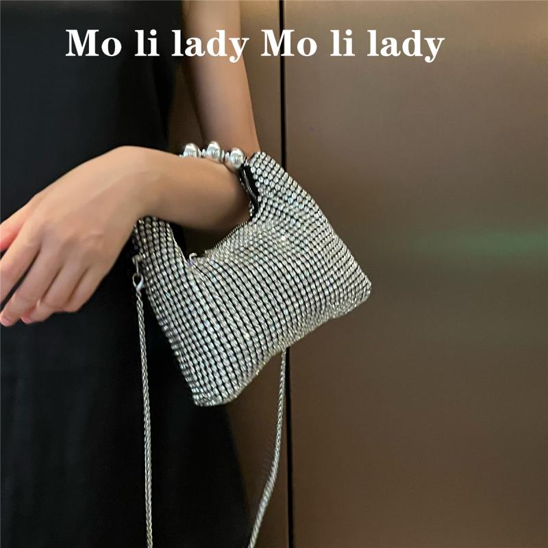 バケットバッグ レディース ラインストーン 輝く ミニ ハンドバッグ チェーンショルダー パーティー 結婚式 フォーマル デイリーユース PVC素材 高級感 シルバー ファスナー開閉