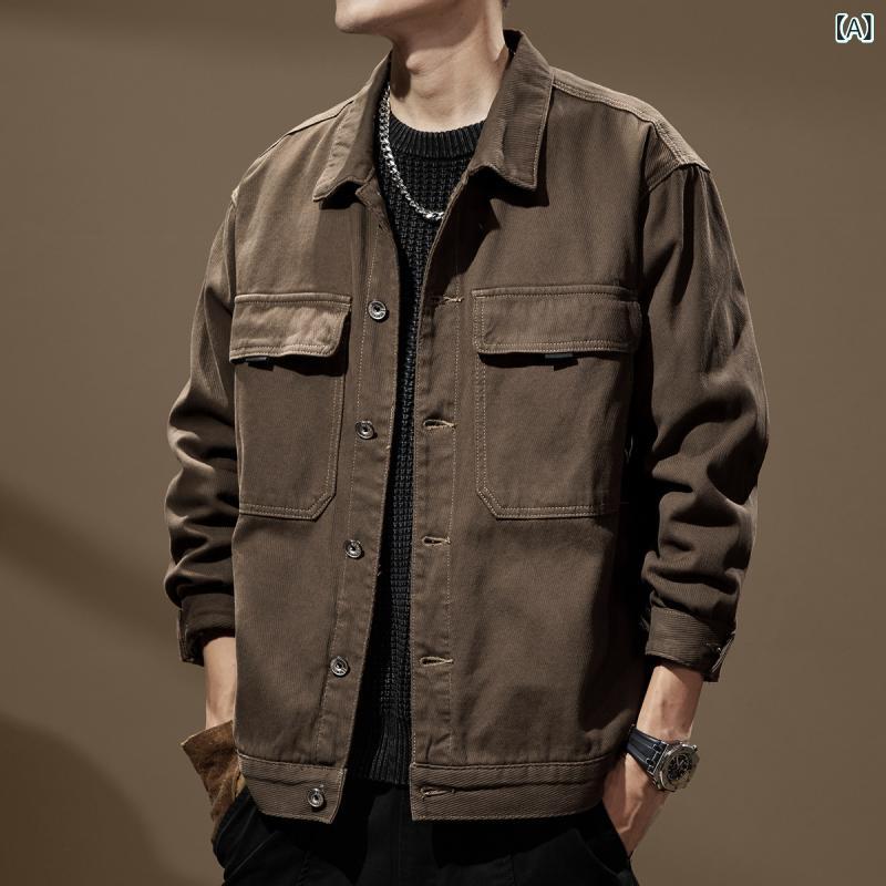 ワークシャツジャケット メンズ 男性用 アメリカンカジュアル ヘビーウェイト 肉厚 レトロ 高級感 ワイルド ビッグシルエット オーバーサイズ ハンティング サファリ 多ポケット 長袖 コットンポリエステル混紡 耐久性 春秋 襟付き