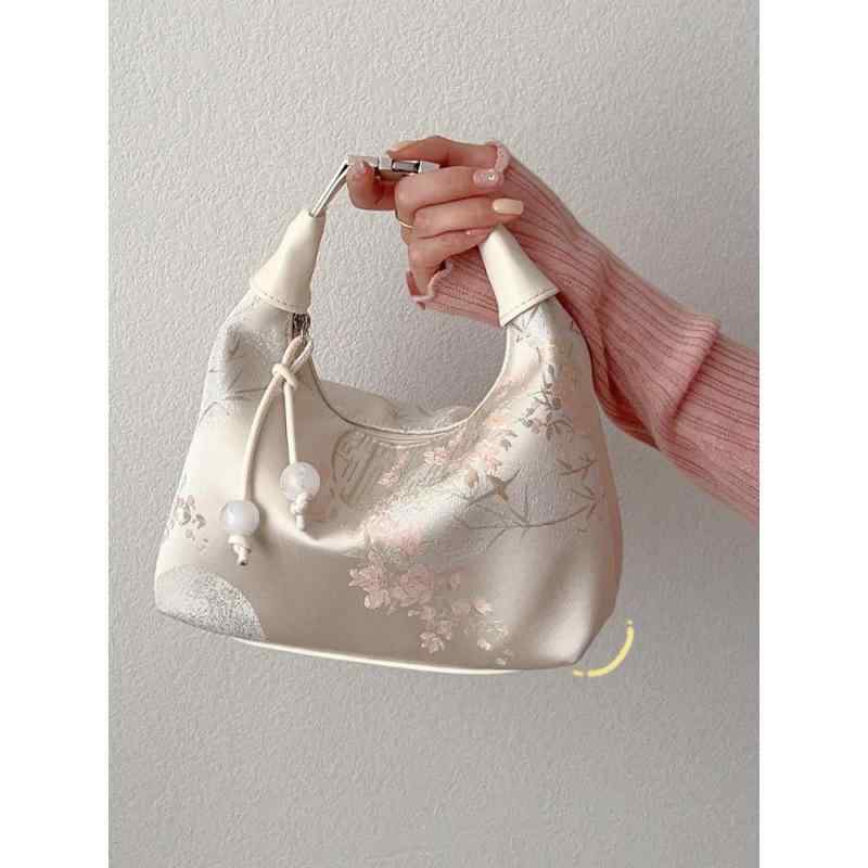 バッグ レディース チャイナスタイル レトロ シルク 刺繡 ショルダーバッグ 斜めがけ 餃子型 ハンドバッグ 手提げ鞄 大きめ 大容量 ファスナー開閉 カジュアル 旅行 普段使い ピンク オフホワイト ブルー