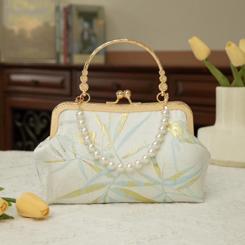 バッグ がま口 鞄 中国風 中華風 レトロ 民族調 漢服 チャイナドレス エレガント 手提げ ワンショルダー 斜め掛け スクエア型 横型 コットンリネン 綿麻 ポリエステル混紡 アイボリー ライトブルー 普段使い デイリーユース ミディアムサイズ