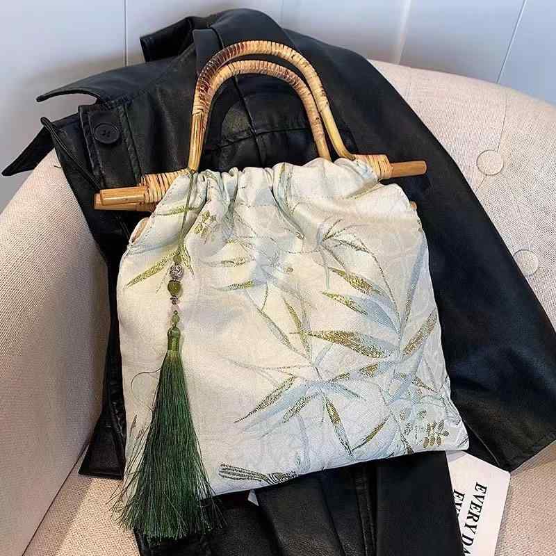 バッグ レディース 大容量 中国風 レトロ ヴィンテージ チャイナ風 刺繍 手提げ鞄 ハンドバッグ 竹節ハンドル シルク 絹 普段使い 旗袍 旅行 カジュアル