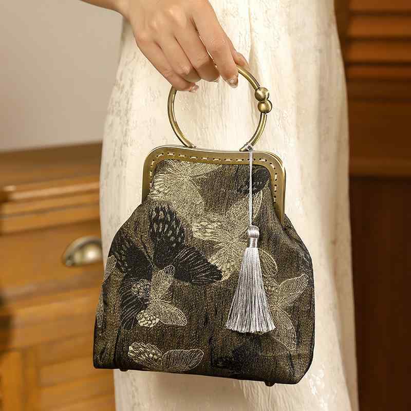 ハンドバッグ レディース 中国風 レトロ 金糸ジャカード 花柄 タッセル 結婚式 披露宴 クラッチバッグ チェーンバッグ ポリエステル素材 普段使い デイリーユース ミニスクエア型 ロック金具 内ポケット付き フェミニン
