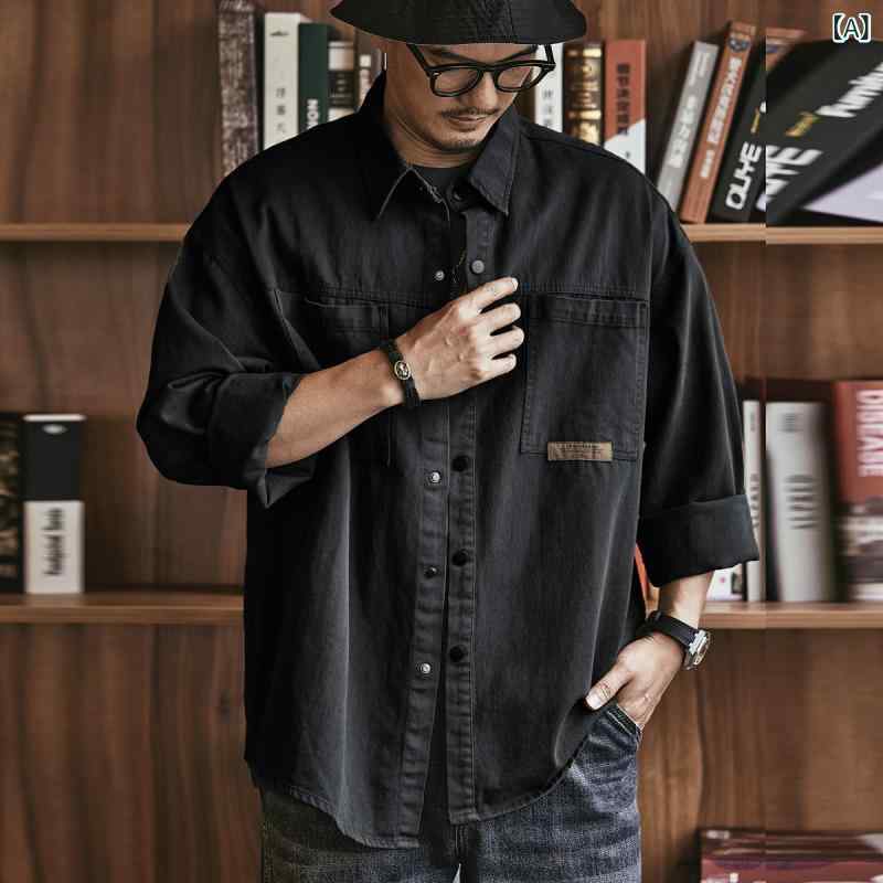 シャツ メンズ アメカジ ヴィンテージ ワークシャツ 長袖 多ポケット ミリタリー ジャケット風 ビッグシルエット オーバーサイズ ゆったり レイヤード 高級感 ポリエステル イージーケア 普段使い タウンユース カジュアル トップス