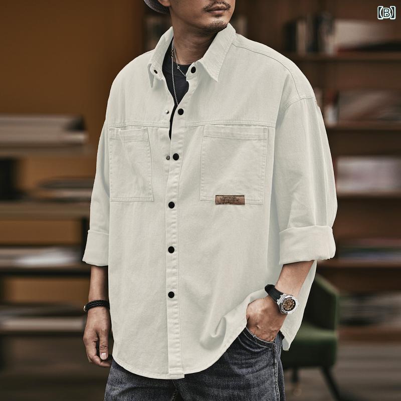 シャツ メンズ アメカジ ヴィンテージ ワークシャツ 長袖 多ポケット ミリタリー ジャケット風 ビッグシルエット オーバーサイズ ゆったり レイヤード 高級感 ポリエステル イージーケア 普段使い タウンユース カジュアル トップス