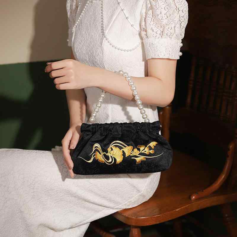 バッグ レディース ミニショルダーバッグ 手提げ 刺繡 パール ドローストリング スクエア型 チェーン ロック金具 ポリエステル 古風 レトロ パーティー 結婚式 お呼ばれ フォーマル 普段使い ブラック アイボリー